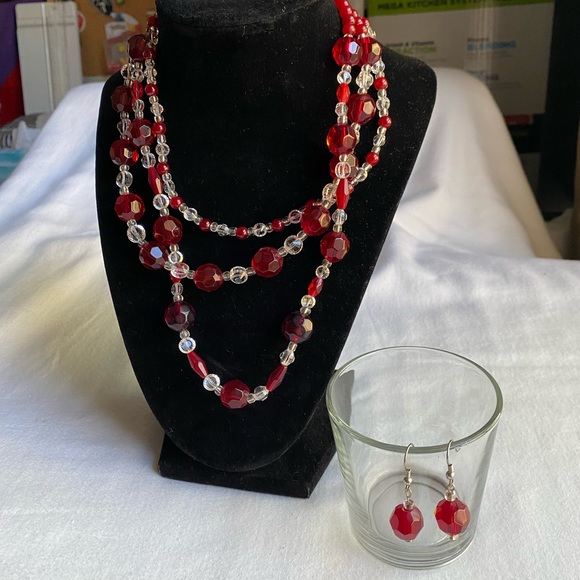 Jewelry - Red and clear beaded necklace & earrings